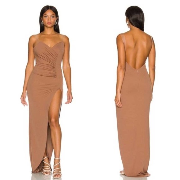 Katie May Colette Cocoa Brown Ruched Slit Cocktail Gown - Picture 1 of 6